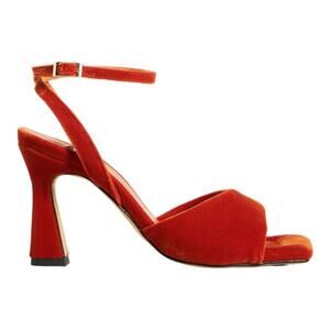 Anthropologie Angel Alarcon Puffy Ankle Strap Heels Size 37 Orange Velvet
